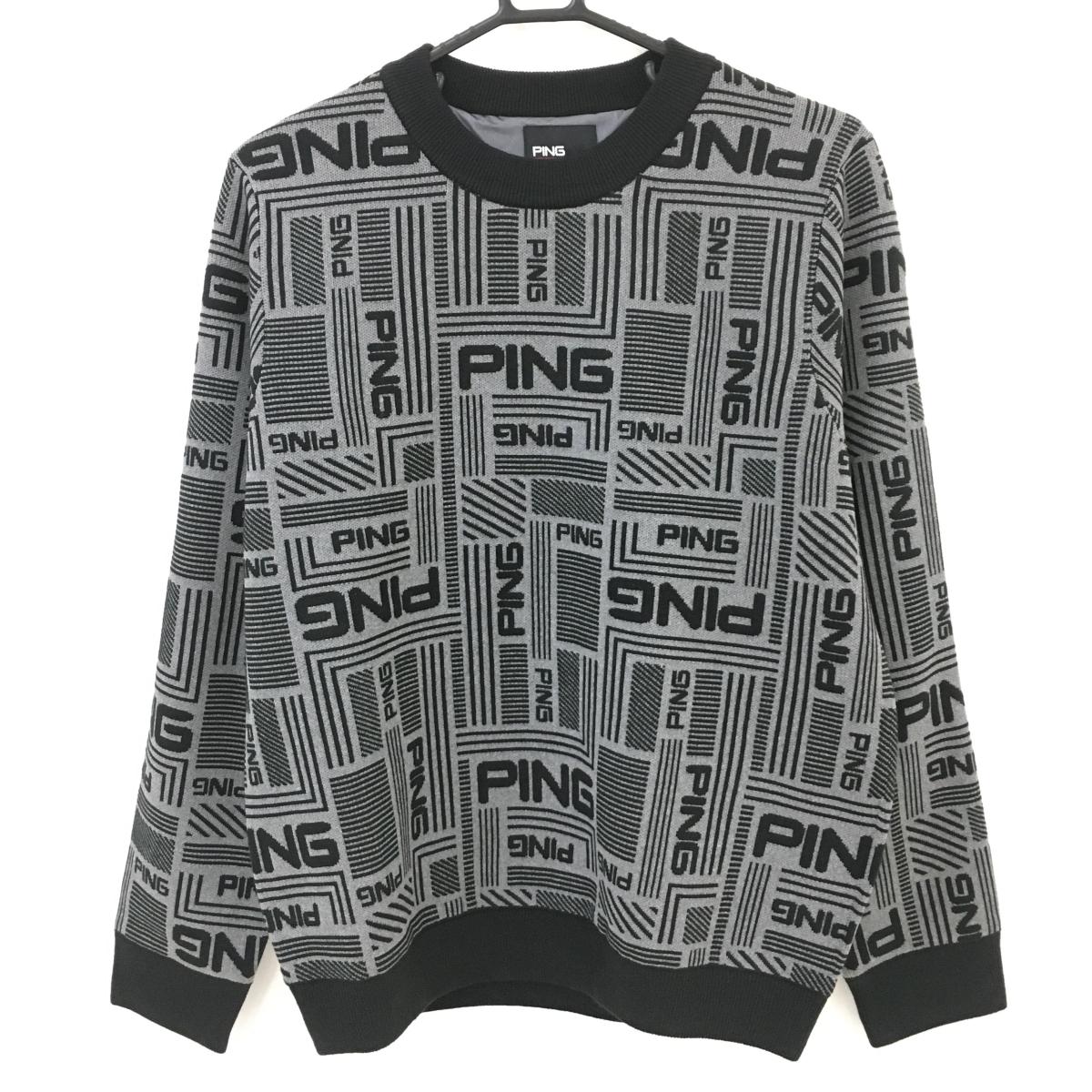 【新品】ピン セーター グレー×黒 ロゴ総柄 ウール混 裏地付 ニット レディース LL ゴルフウェア PING