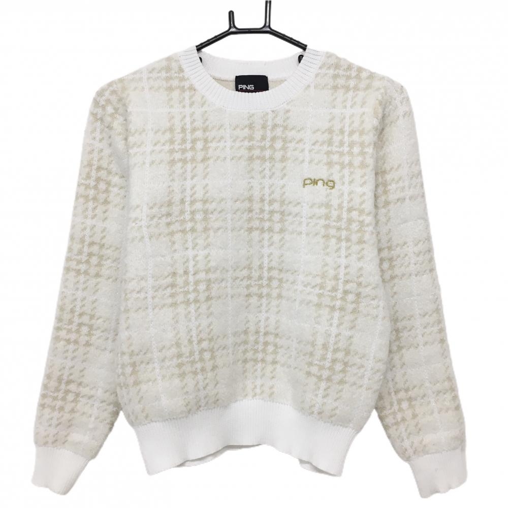 ピン セーター 白×ベージュ系 ブークレチェック 起毛 ウール混 ニット  レディース S ゴルフウェア PING