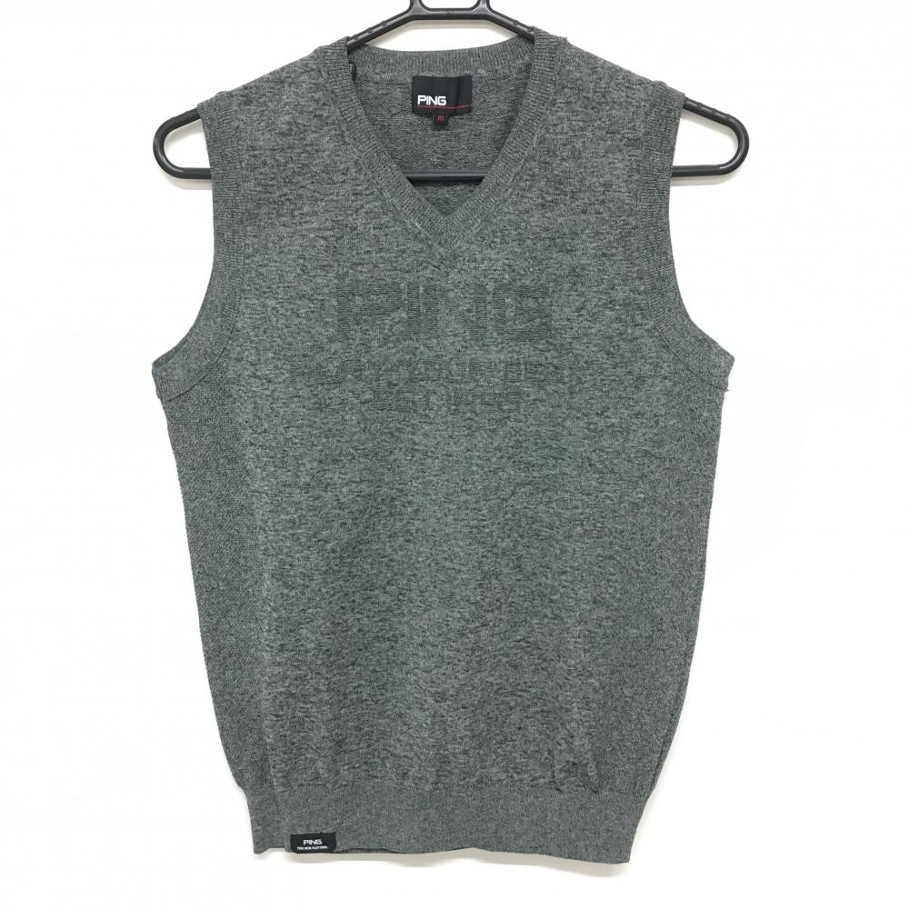 【超美品】ピン ニットベスト 杢グレー Vネック 胸ロゴ レディース M ゴルフウェア 2024年モデル PING