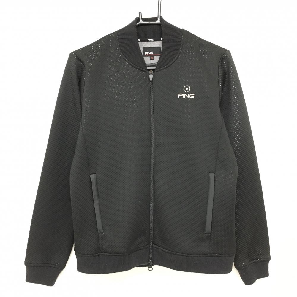 【美品】ピン ブルゾン 黒 ドット織生地 ダブルジップ ロゴ刺しゅう  レディース M ゴルフウェア PING