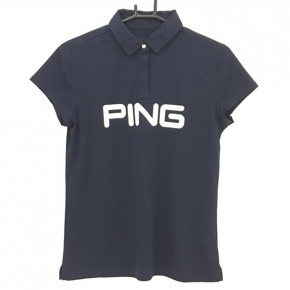 【超美品】ピン 半袖ポロシャツ ネイビー×白 ビッグロゴプリント レディース M ゴルフウェア PING