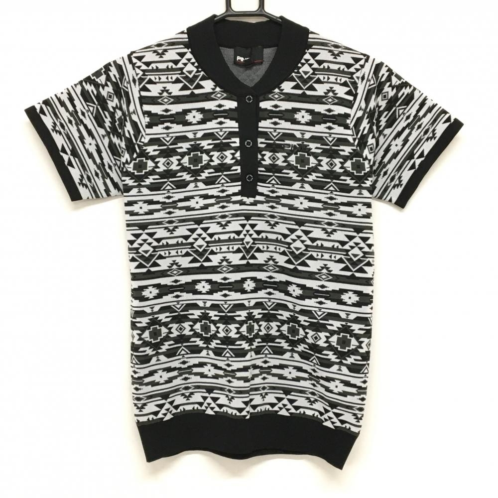 【超美品】ピン 半袖ニットポロシャツ ライトグレー×カーキ 幾何学模様 スタンドカラー ロゴ刺しゅう レディース L ゴルフウェア PING