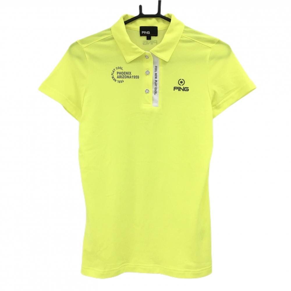 【美品】ピン 半袖ポロシャツ イエロー×グレー ロゴ刺しゅう レディース L ゴルフウェア PING