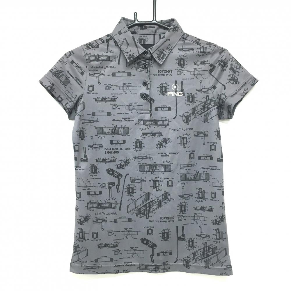 【超美品】ピン 半袖ポロシャツ グレー×黒 総柄 ロゴ刺しゅう  レディース M ゴルフウェア PING