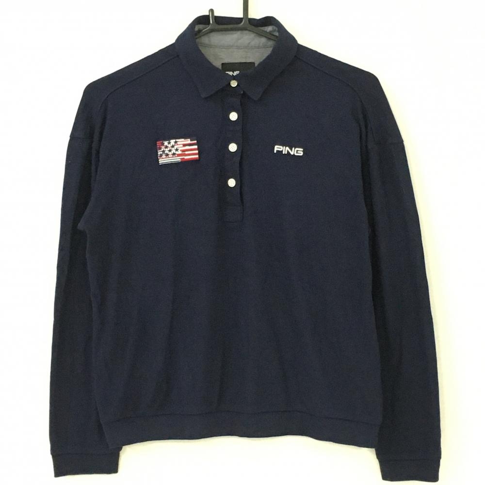ピン 長袖ポロシャツ ネイビー 表微起毛 アクリル混 レディース M ゴルフウェア PING
