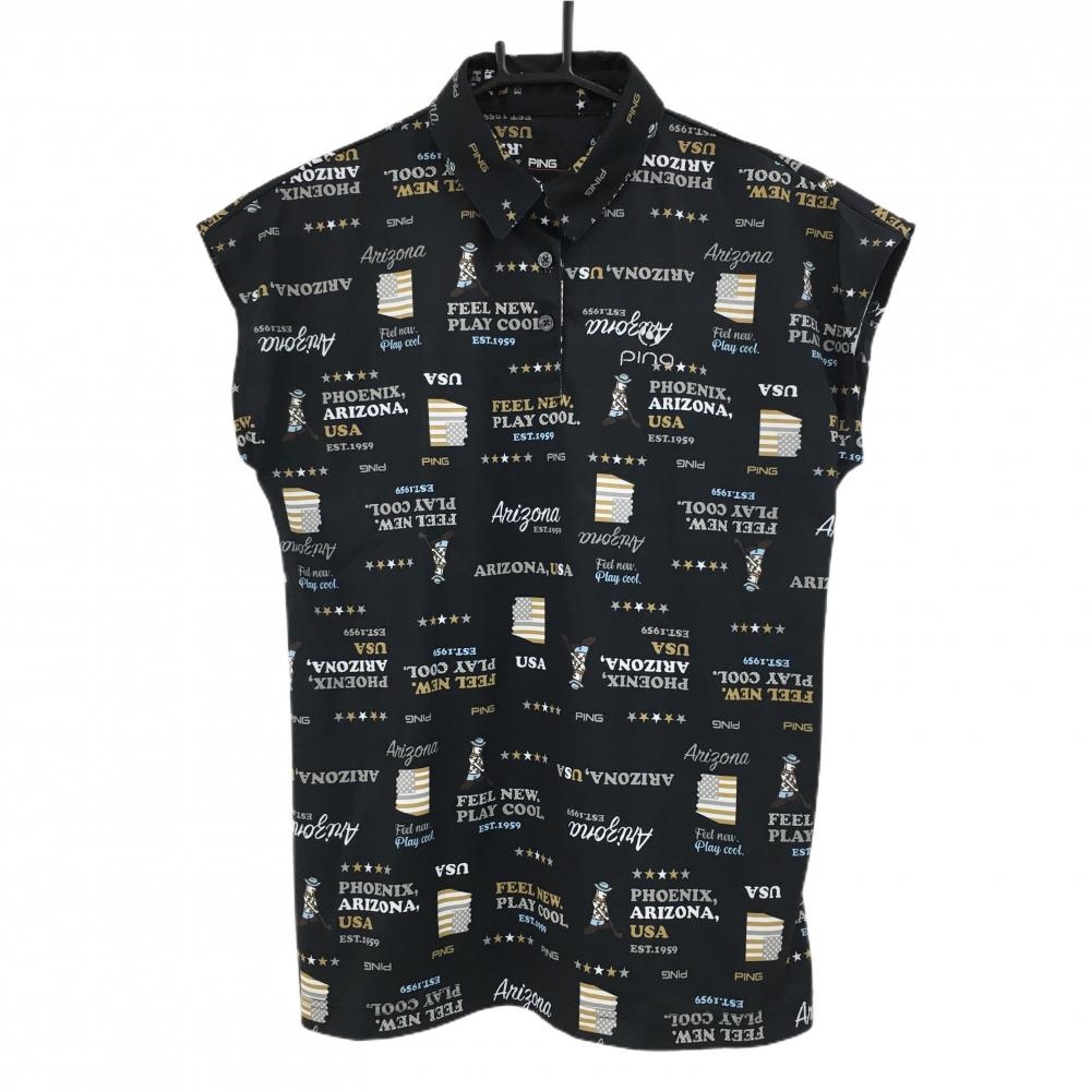 【美品】ピン ノースリーブポロシャツ ダークネイビー×グレー 総柄 レディース L ゴルフウェア PING