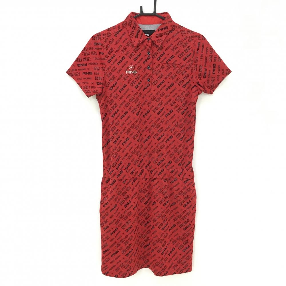 【超美品】ピン ワンピース レッド×黒 ロゴ総柄 スカート部裏地付き レディース M ゴルフウェア PING