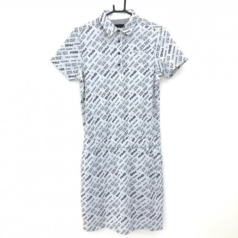 【超美品】ピン 半袖ポロワンピース ライトグレー系×黒 ロゴ総柄 スカート裏地 レディース M ゴルフウェア PING