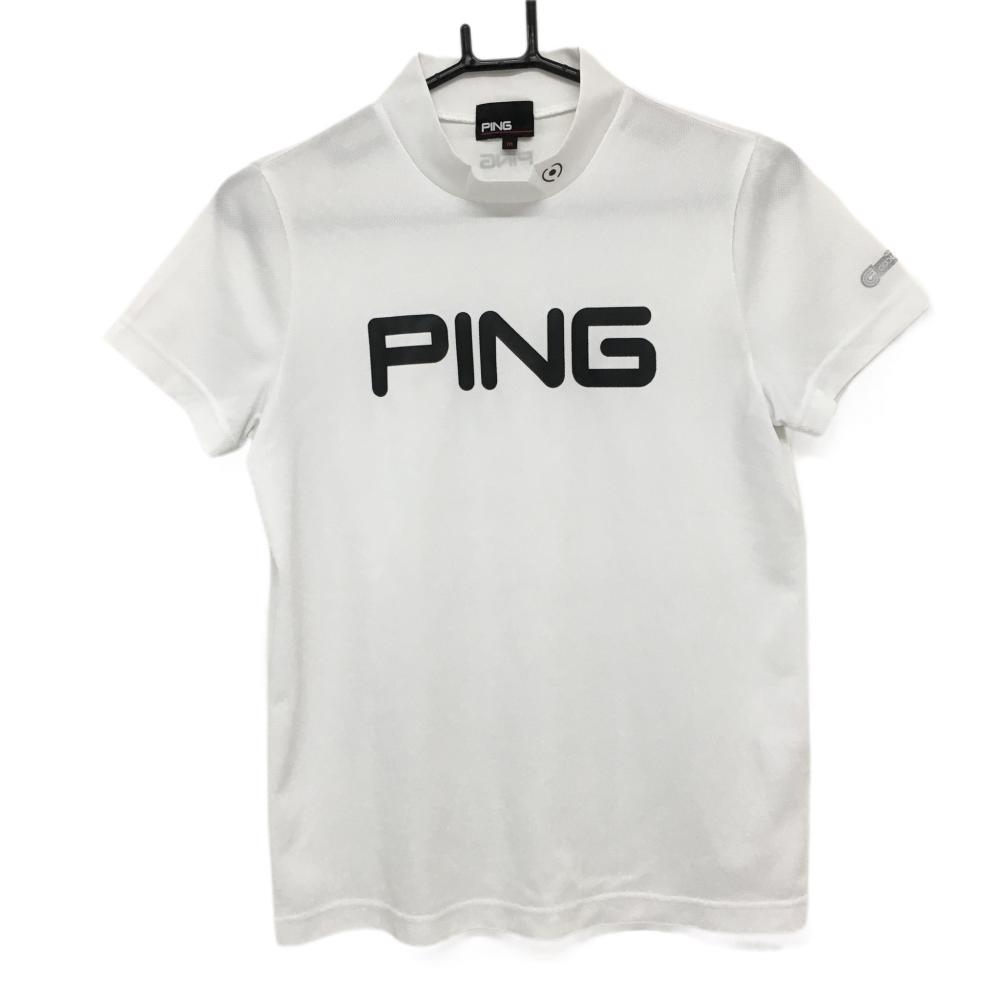 【超美品】ピン 半袖ハイネックシャツ 白×黒 coolcore ビッグロゴプリント レディース M ゴルフウェア PING