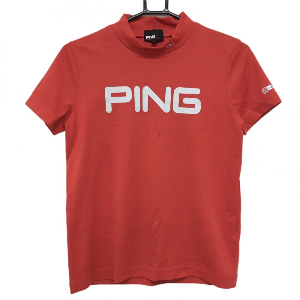 【美品】ピン 半袖ハイネックシャツ レッド×ライトグレー ビックロゴ  レディース S ゴルフウェア PING