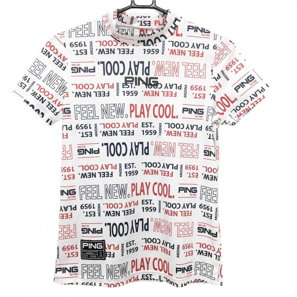 ピン 半袖ハイネックシャツ 白×ネイビー×レッド 英字総柄 レディース S ゴルフウェア PING