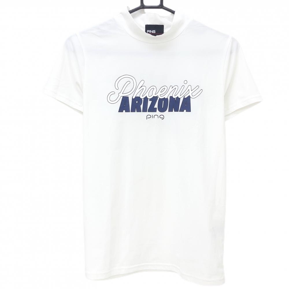 【超美品】ピン 半袖ハイネックシャツ 白×ネイビー Mr.PING バックプリント UVカット レディース L ゴルフウェア 2024年モデル PING