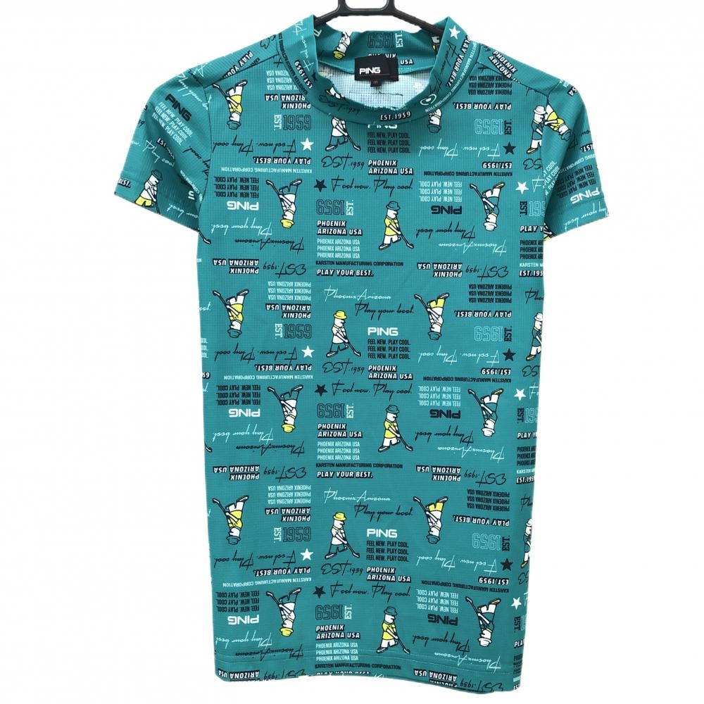 【超美品】ピン 半袖ハイネックシャツ ブルーグリーン×白×イエロー ロゴ総柄 英字柄 レディース M ゴルフウェア 2024年モデル PING