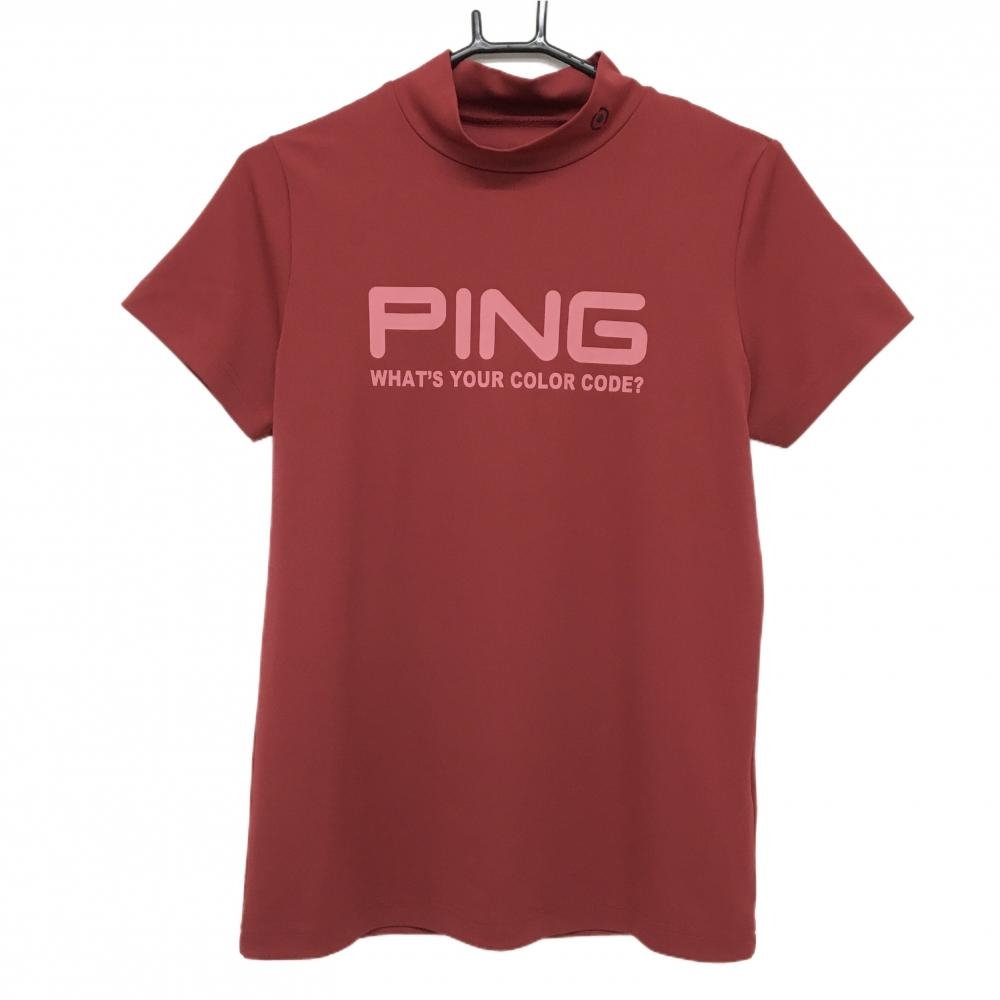 【美品】ピン 半袖ハイネックシャツ レッド×ピンク ビッグロゴ  レディース L ゴルフウェア PING