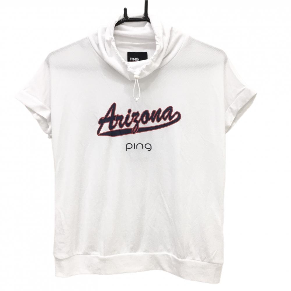 【新品】ピン 半袖ハイネックシャツ 白×ネイビー フロントロゴプリント ネックドローコード レディース S ゴルフウェア 2023年モデル PING