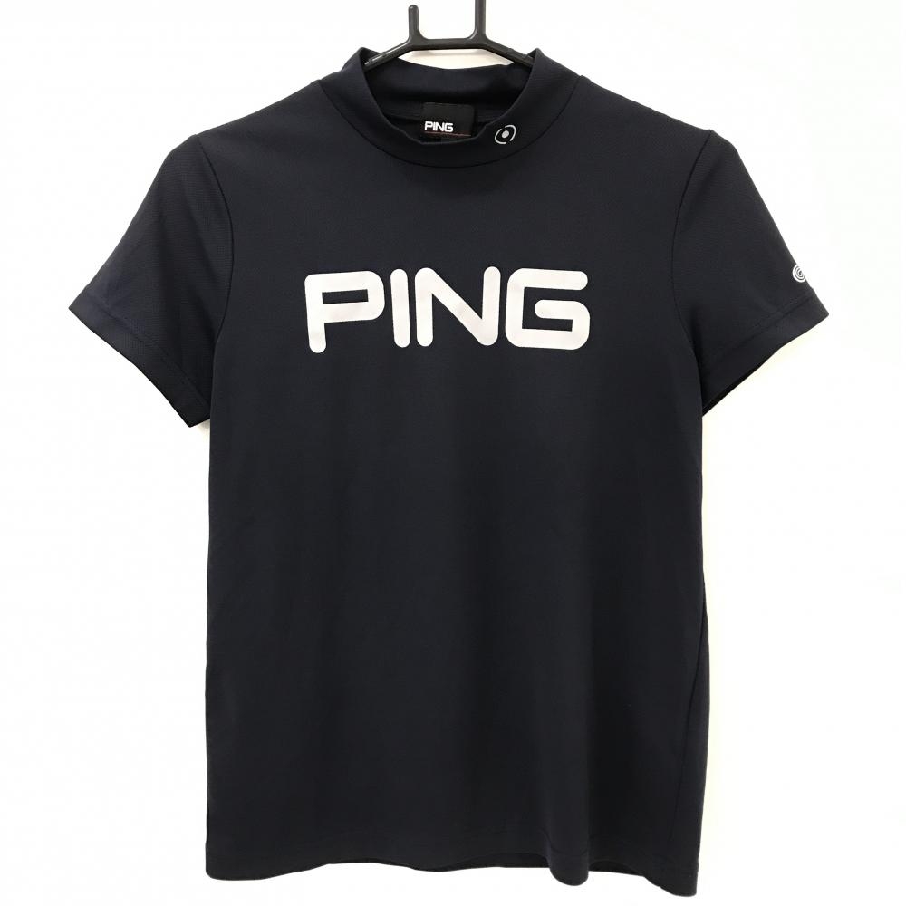 【美品】ピン 半袖ハイネックシャツ ネイビー×ロゴグレー レディース M ゴルフウェア PING