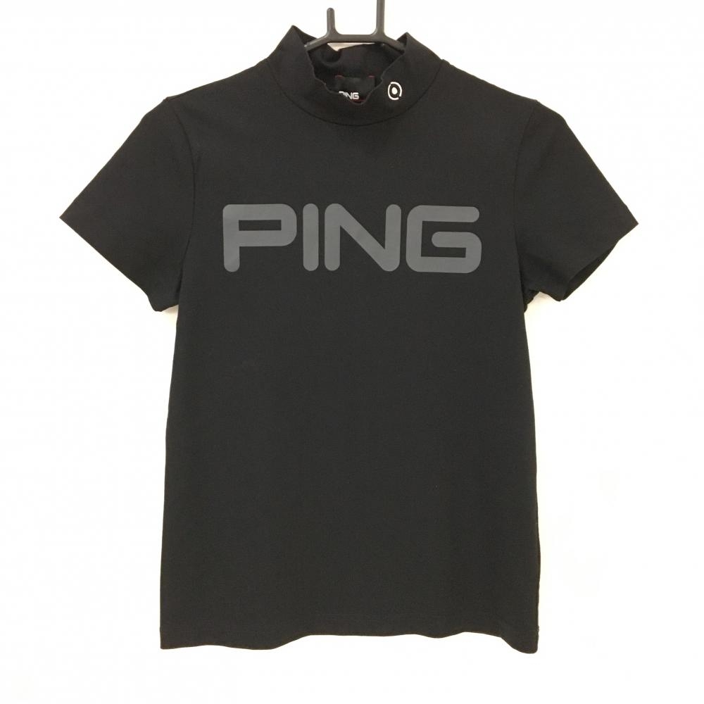 【美品】ピン 半袖ハイネックシャツ 黒×グレー ロゴプリント レディース M ゴルフウェア PING