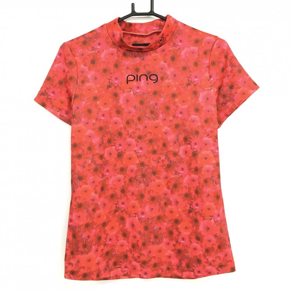 【超美品】ピン 半袖ハイネックシャツ レッド 花柄 ロゴ刺しゅう ストレッチ レディース L ゴルフウェア PING