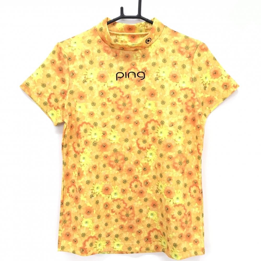 【超美品】ピン 半袖ハイネックシャツ イエロー×オレンジ 花柄 ロゴ刺しゅう レディース L ゴルフウェア PING