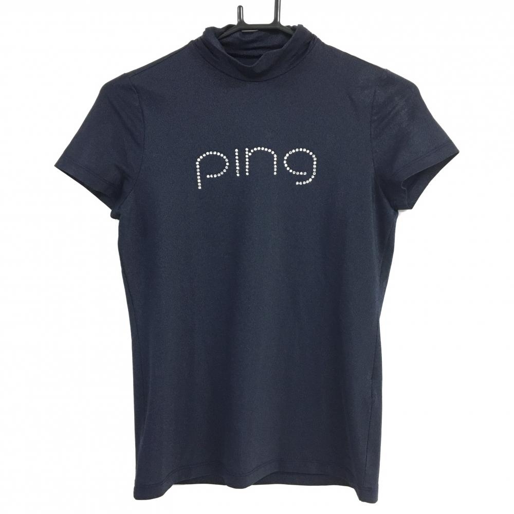 ピン 半袖ハイネックシャツ ネイビー ラメ ラインストーン 韓国モデル  レディース サイズ表記無し ゴルフウェア PING