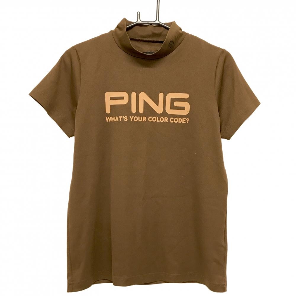 【超美品】ピン 半袖ハイネックシャツ ブラウン フロントロゴ  レディース L ゴルフウェア PING