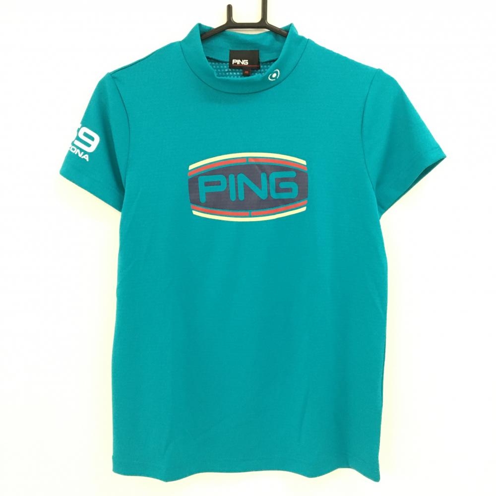 【超美品】ピン 半袖ハイネックシャツ ブルーグリーン フロントロゴ  レディース M ゴルフウェア PING