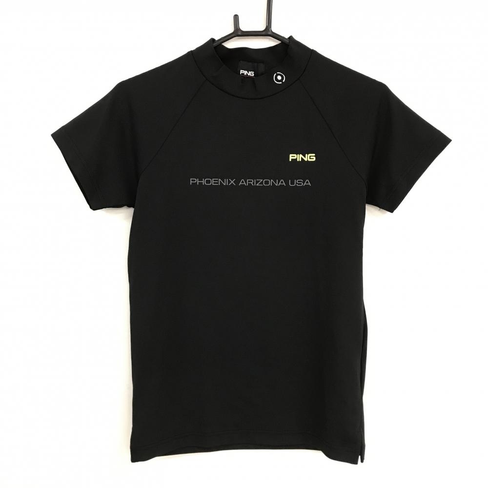 【超美品】ピン 半袖ハイネックシャツ 黒×グレー ロゴプリント ネックロゴ刺しゅう レディース S ゴルフウェア PING