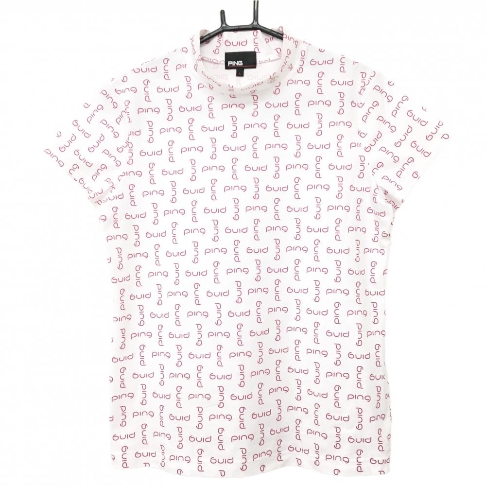 【美品】ピン 半袖ハイネックシャツ 白×ピンク ロゴ総柄 ネックロゴ刺しゅう  レディース L ゴルフウェア PING