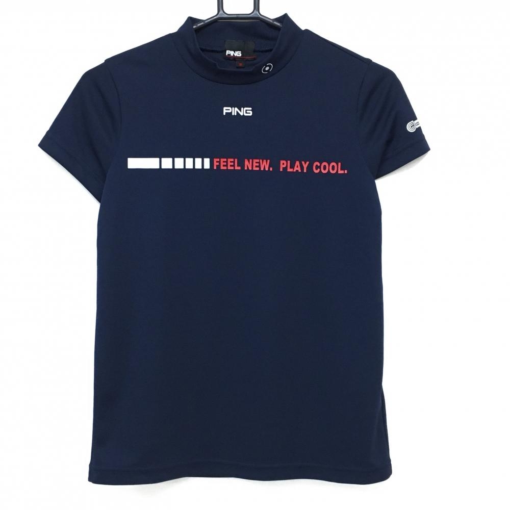 【超美品】ピン 半袖ハイネックシャツ ネイビー×レッド 胸元英字 COOLCORE レディース S ゴルフウェア PING