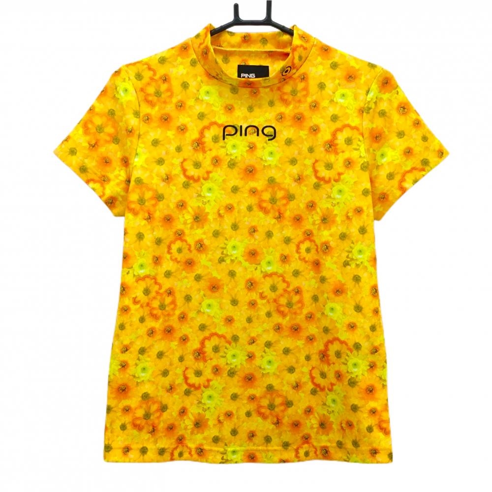 【超美品】ピン 半袖ハイネックシャツ オレンジ×イエロー 花総柄 ロゴ刺しゅう レディース L ゴルフウェア PING