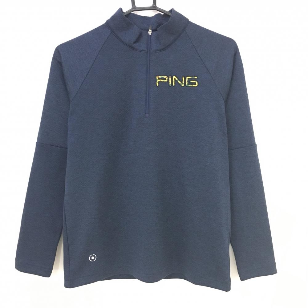 【超美品】ピン 長袖ハイネックシャツ 杢ネイビー ハーフジップ ロゴヒマワリ柄 レディース M ゴルフウェア PING