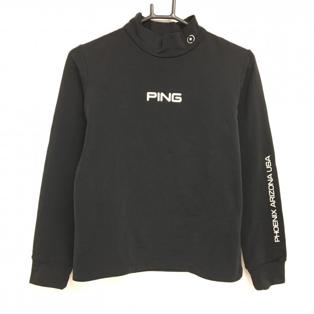 【超美品】ピン 長袖ハイネックシャツ 黒×白 後ろ上部中綿 裏微起毛 ロゴプリント レディース M ゴルフウェア 2023年モデル PING