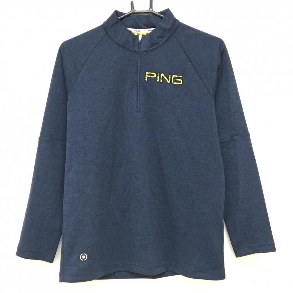 【超美品】ピン 長袖ハイネックシャツ 杢ネイビー ロゴ・内側一部ひまわり柄 ハーフジップ レディース LL ゴルフウェア PING
