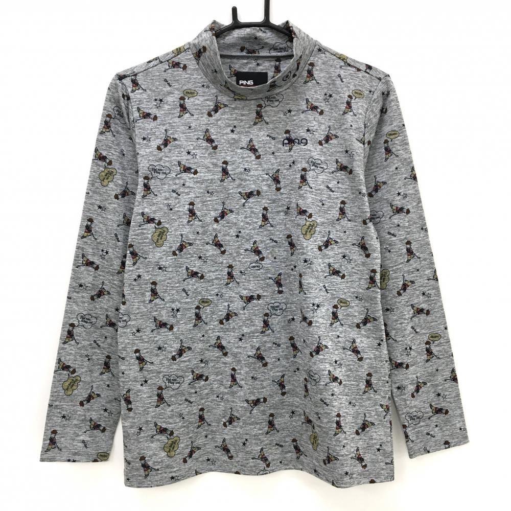 【超美品】ピン 長袖ハイネックシャツ グレー×ネイビー 総柄 星 ロゴ刺しゅう レディース L ゴルフウェア PING