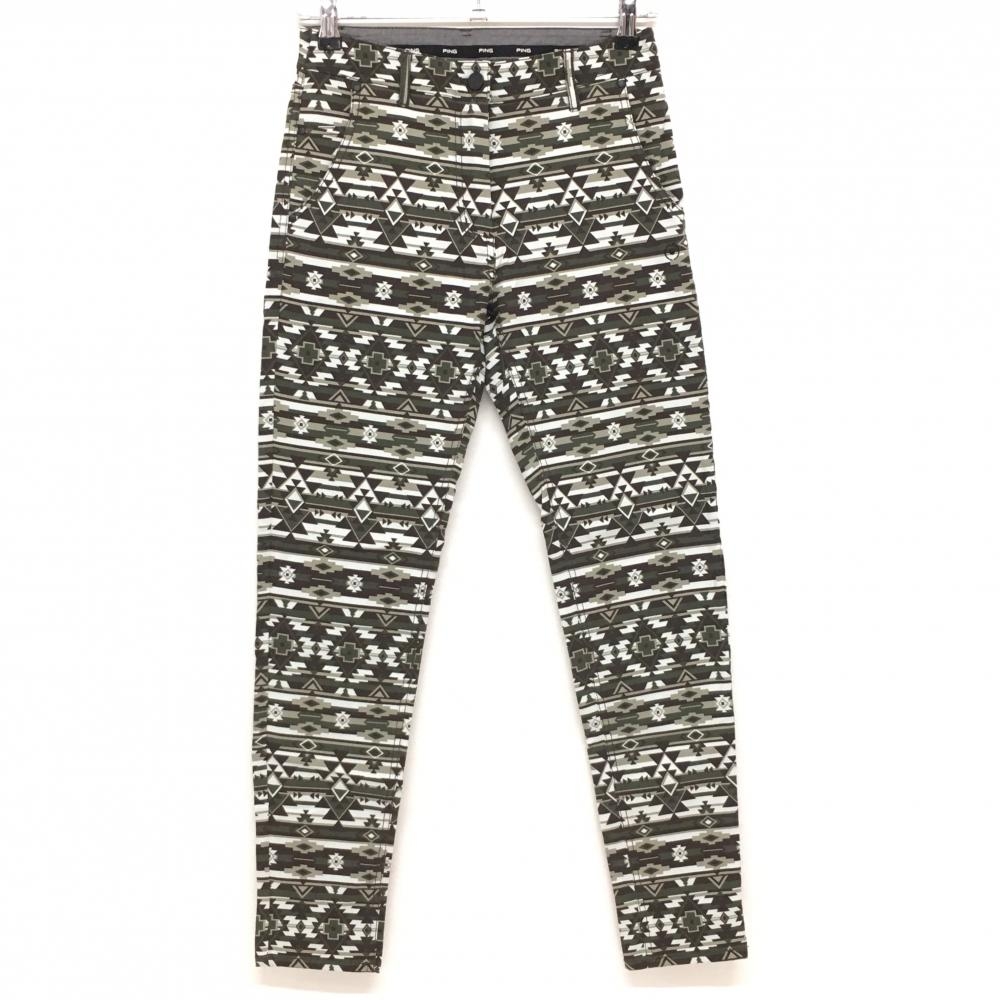 【超美品】ピン ストレッチパンツ ダークブラウン×ダークグリーン 総柄 レディース SS ゴルフウェア PING