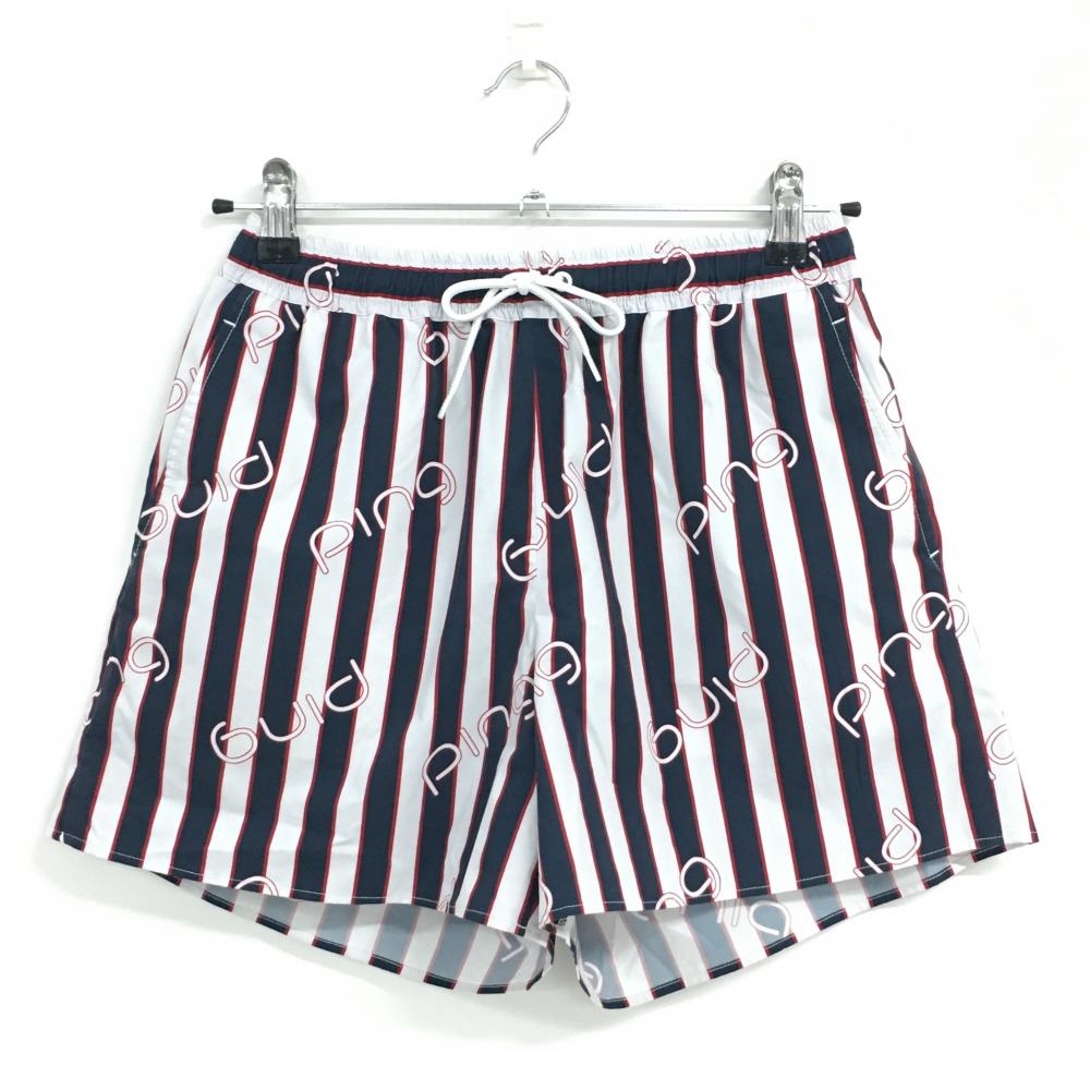 【超美品】ピン ハーフパンツ 白×ネイビー×レッド ストライプ ロゴ レディース S ゴルフウェア PING