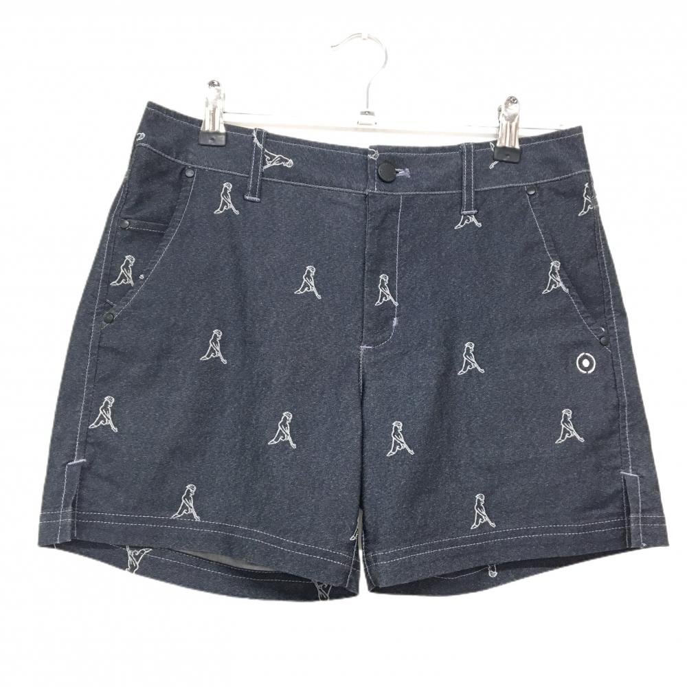 【超美品】ピン ハーフパンツ ダークネイビー×白 総柄 デニム風 ロゴ刺しゅう ストレッチ レディース M ゴルフウェア PING