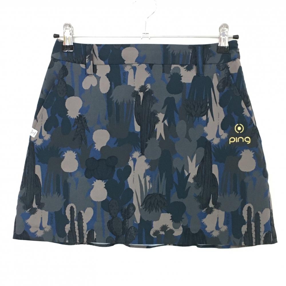 【超美品】ピン スカート グレー×ネイビーブルー系 サボテン柄 レディース S ゴルフウェア 2023年モデル PING