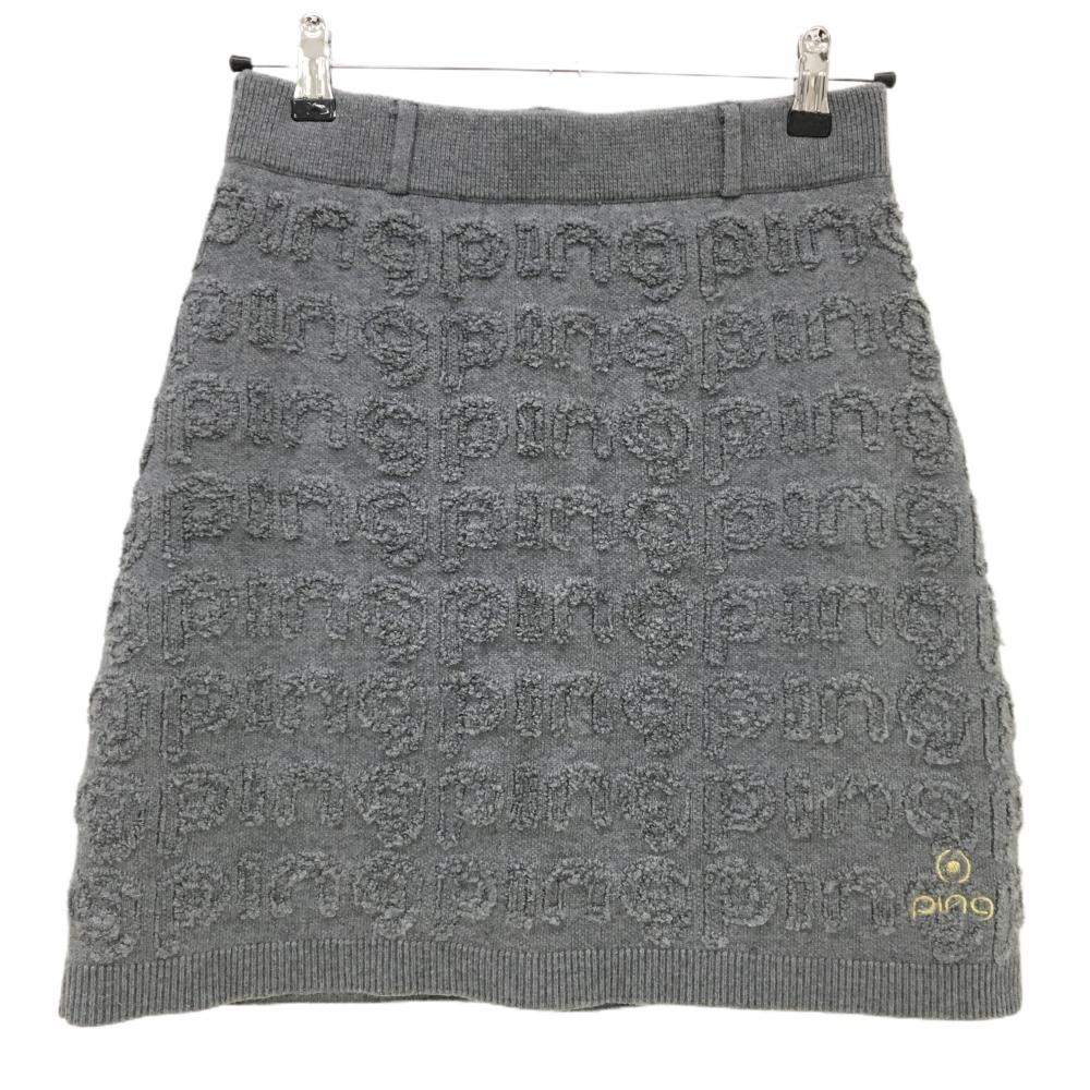 【超美品】ピン ニットスカート グレー 立体ロゴ総柄 裏地付 ウール混 レディース M ゴルフウェア 2024年モデル PING