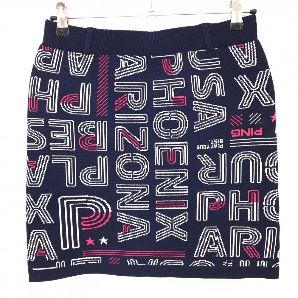 【超美品】ピン ニットスカート ネイビー×白×ピンク 英字総柄  レディース L ゴルフウェア PING