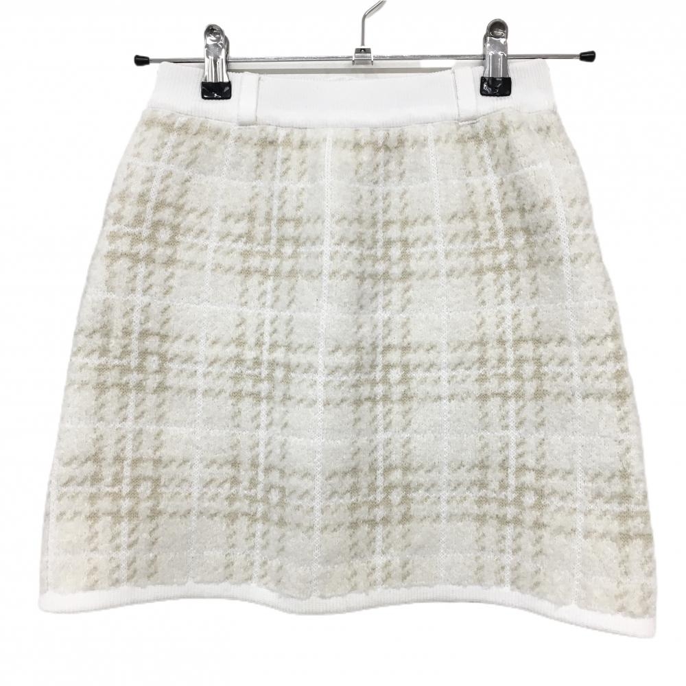 【美品】ピン ニットスカート 白×ベージュ系 ブークレチェック 起毛 ウエストゴム ウール混  レディース SS ゴルフウェア PING