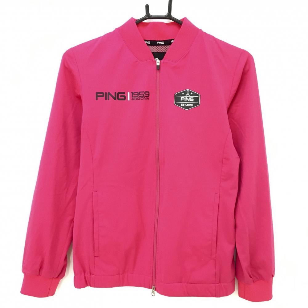 【美品】ピン ジャケットブルゾン ピンク ロゴプリント メッシュ裏地  レディース S ゴルフウェア PING