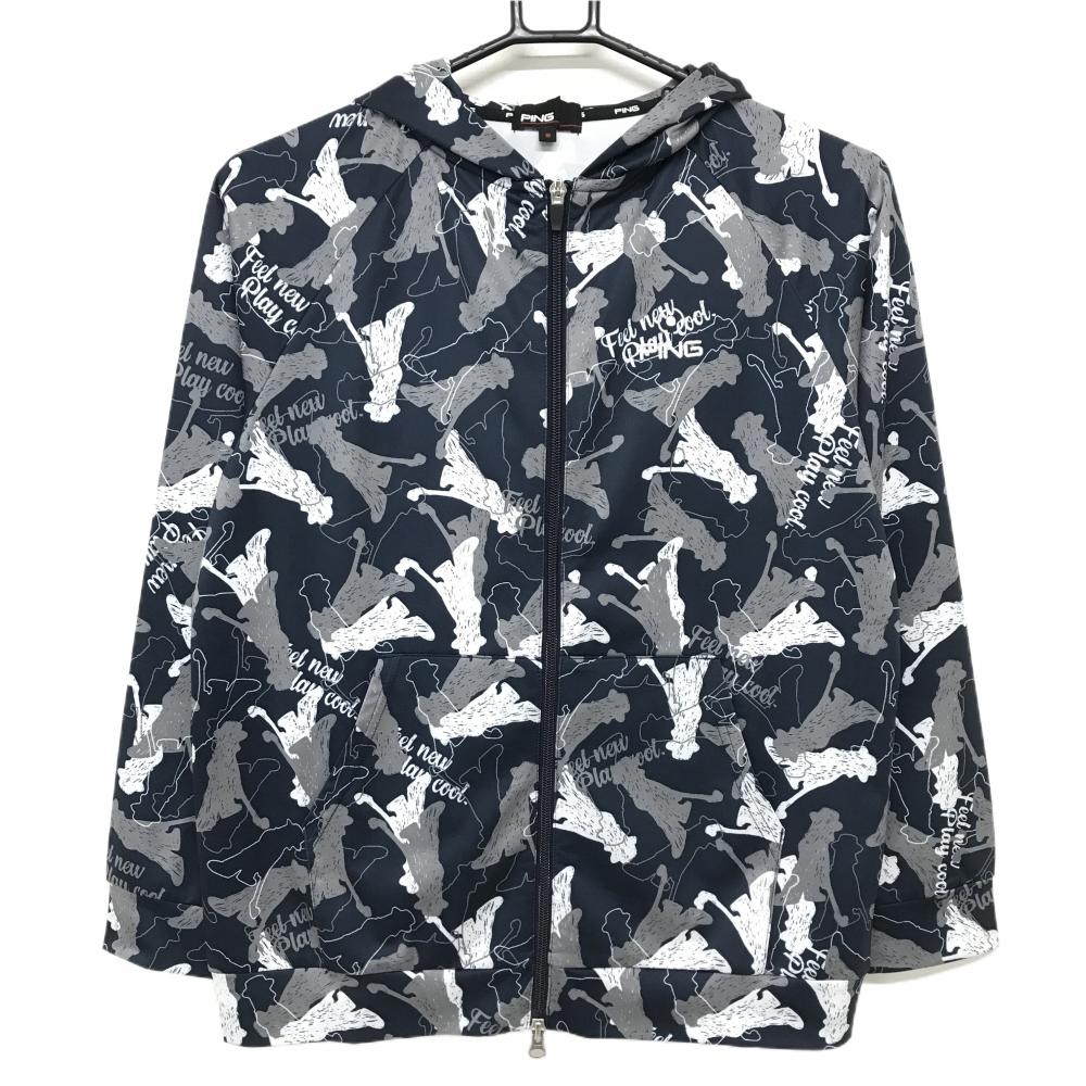 【超美品】ピン ジップパーカー ネイビー×白 総柄 ダブルジップ ロゴ刺しゅう レディース S ゴルフウェア PING