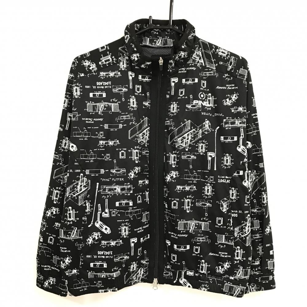 【超美品】ピン ジャケット 黒×白 総柄 ロゴプリント 裾ゴム レディース M ゴルフウェア PING