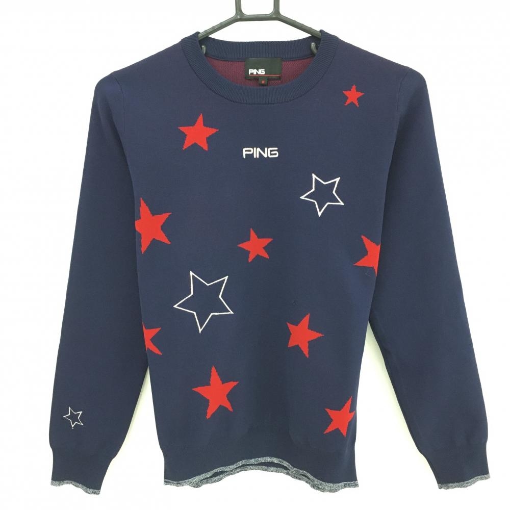ピン セーター ネイビー×レッド 一部星柄 ロゴ刺しゅう ニット レディース S ゴルフウェア PING
