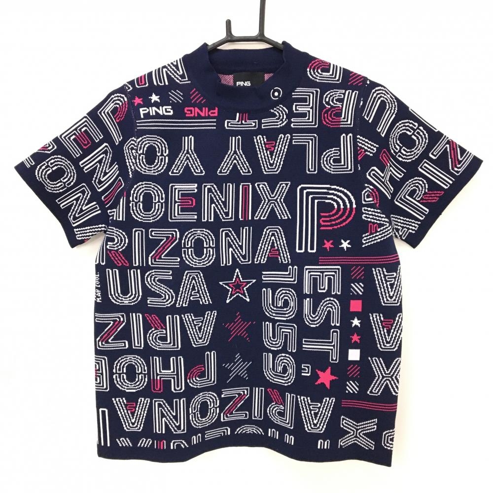 【超美品】ピン 半袖セーター ネイビー×白×ピンク 英字総柄 ニット レディース L ゴルフウェア PING