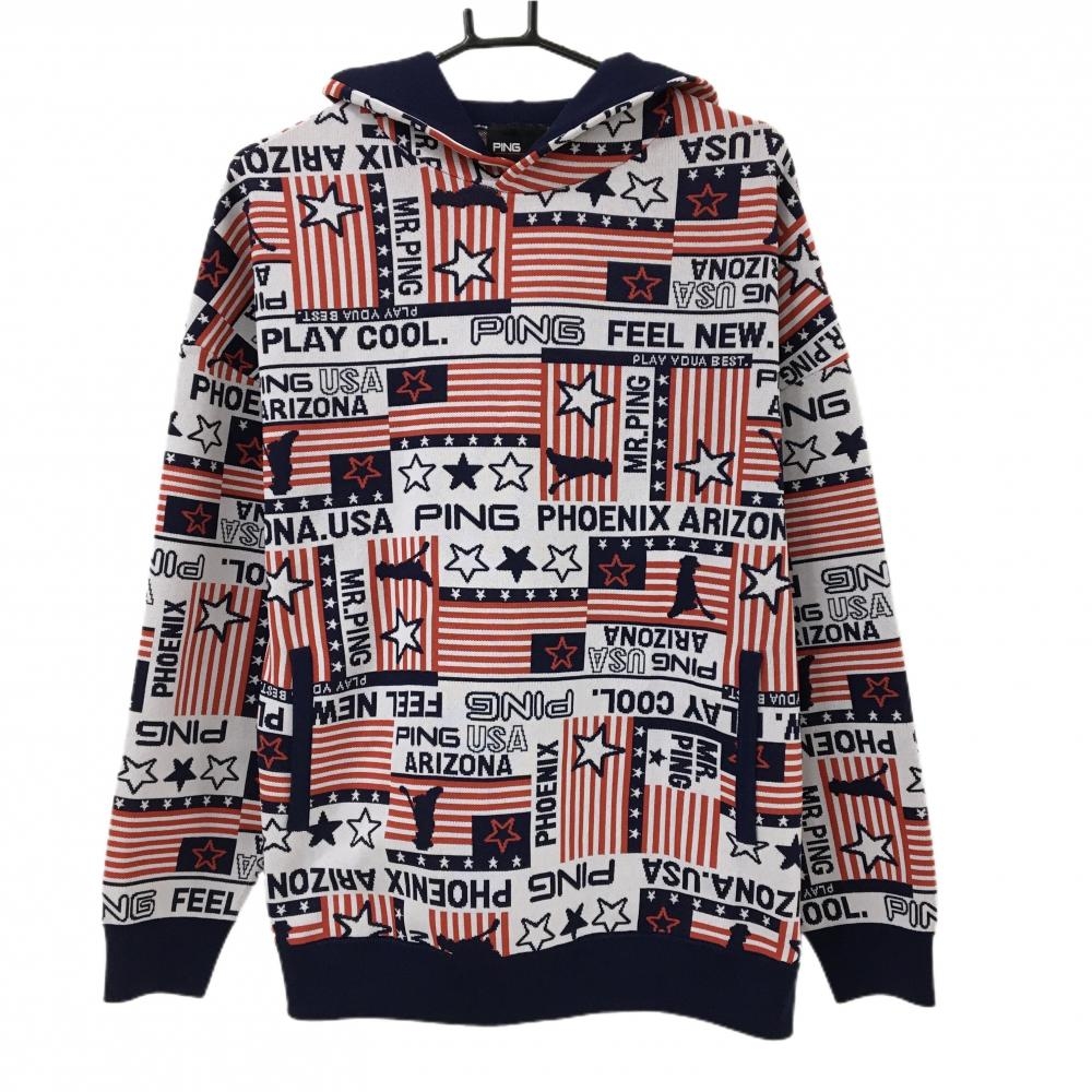 【超美品】ピン フード付セーター 白×レッド 総柄 ニット パーカー  レディース LL ゴルフウェア PING