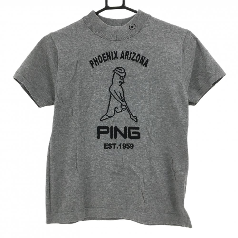 【超美品】ピン 半袖ハイネックセーター グレー×ネイビー フロントMr.PING柄 コットン100％ レディース M ゴルフウェア PING