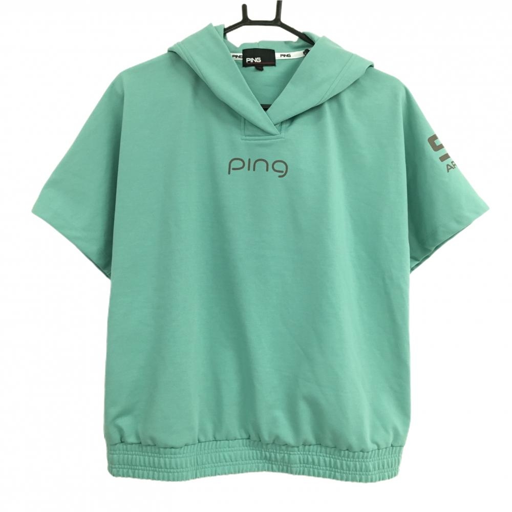 【新品】ピン 半袖パーカー ミントグリーン系×グレー バックロゴプリント レディース M ゴルフウェア PING