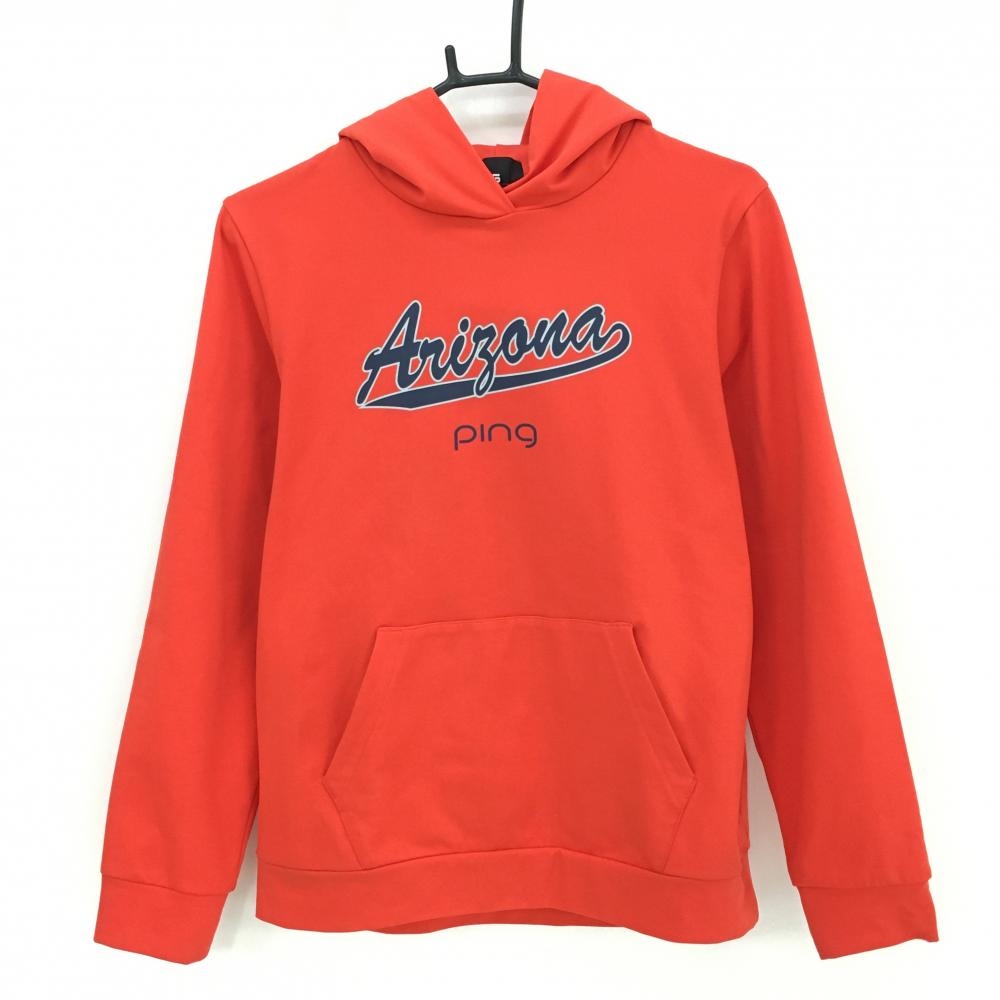 【美品】ピン パーカー レッド系×ネイビー フロントロゴプリント  レディース M ゴルフウェア 2023年モデル PING